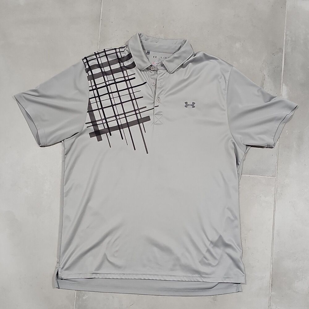 Under Armour HeatGear Plaid Loose Fit Polo Shirt XL Gray Golf Short Sleeve